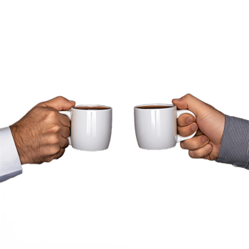 Two hands toasting with white ceramic mugs, isolated on transparent background png