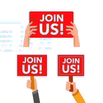 Hands holding join us signs encouraging people to become members vector