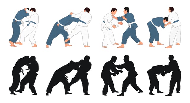 Judo set silhouettes on white background. Different action, pose. Martial arts, jiu jitsu, sport vector