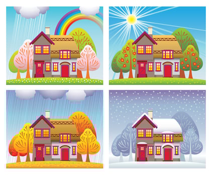 Cottage in four seasons - Spring, Summer, Autumn and Winter vector