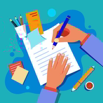 Writer writing on paper sheet illustration, flat cartoon person hands with pen on working table with text, workplace top view, desktop with writing letter story, journalist author workspace vector