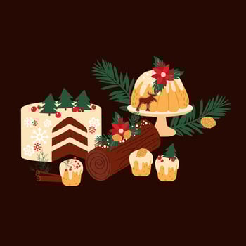 Handdrawn traditional Christmas decorated cakes and sweets composition. vector