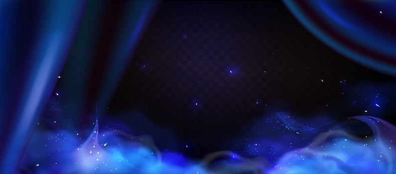 Scene with royal luxurious blue silk draperies for interior decoration. Blue Smoke background with twinkle neon particles on the a dark transparent background vector