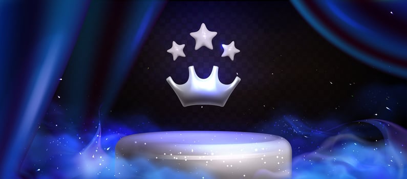 3d royal award. Metal silver crown with stars on the podium award with luxurious blue silk draperies for interior decoration. Blue Smoke background with neon particles on the a dark background vector