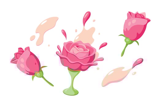 Pink rose champagne motion splash set flat illustration white background. vector