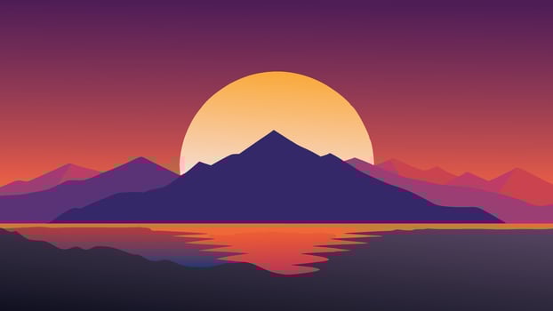 Sunset casts vibrant colors over the sea, with majestic mountains silhouetted in the background flat illustration vector