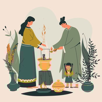 Family Preparing Offerings for Ancestors vector
