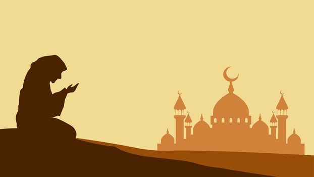 Landscape illustration of praying muslim with mosque vector