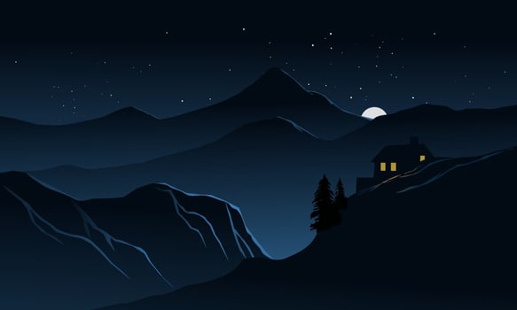 Beautiful calm night over mountains with a cabin on the hill, rising moon and stars vector
