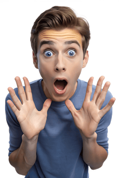 3D rendering of A young man with wide, open eyes and his mouth slightly agape, frozen in a moment of complete surprise. His hands are raised slightly in front of him, palms facing outward in a reactiv png