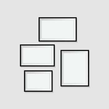 Different size framed photos hanging on the white wall vector