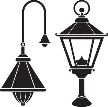 a black and white illustration of a lamp and a lantern vector