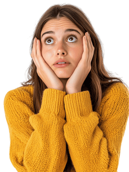 A woman in a yellow sweater is looking surprised png