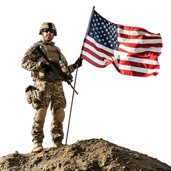 A soldier holding an american flag on top of a hill png