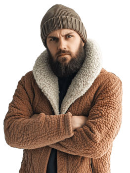 A man with a beard and a beanie is wearing a brown jacket png