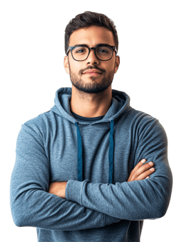 Portrait of a young man with glasses and a hoodie standing with his arms crossed png