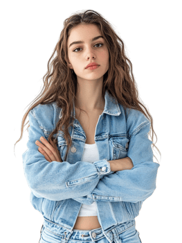 A young woman in a denim jacket and jeans png
