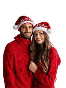 A man and woman in red christmas sweaters posing for the camera png