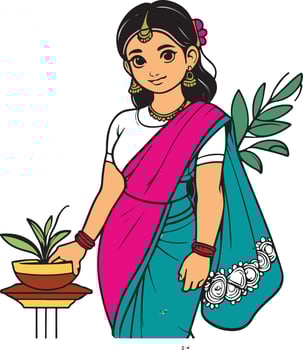 Asian women wearing saree standing with flower tub illustration vector