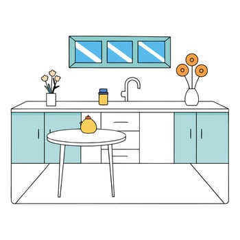 Kitchen in a modern house with a white marble table and a vase of flowers vector