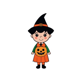 Little kid baby in witch costume celebrating first halloween holiday picture vector