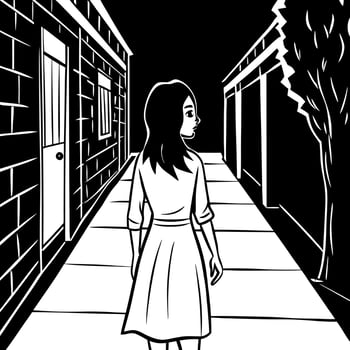 A black and white drawing of a woman walking down a street vector