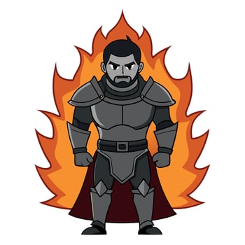Medieval Hero in Battle Armor. Dark Knight Silhouette on a Fiery War Background - A Courageous Fantasy Warrior Ready for Epic Combat. vector