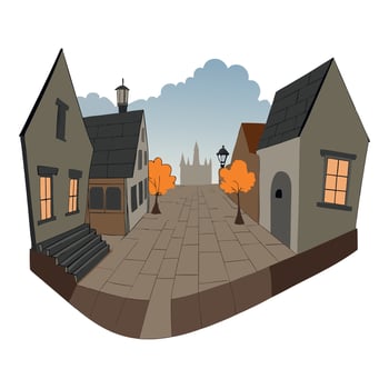 Misty Autumn Street in Small Old Town Halloween Environment 3D Art Illustration. Mystical Empty Alley with Lights of Oldtown Scenic Background. AI Neural Network Art Wallpaper vector