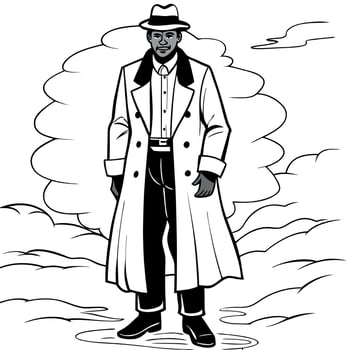 Mysterious African american man wearing a long trench coat in the fog. Noire detective. Economic Transformation era. vector