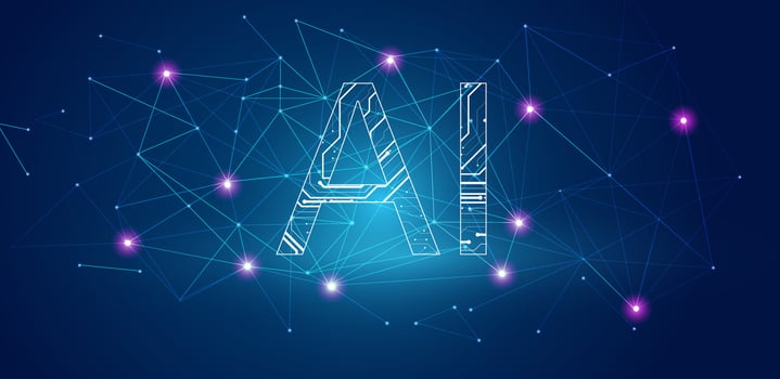 Artificial intelligence blue background technology. Logo machine learning concept with circuit board AI. editable vector