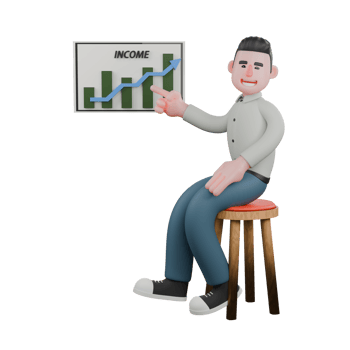 Male Writer Professionalism in 3D. A male writer is sitting on a bar stool while pointing at a graphic image on his right. Literary Services png