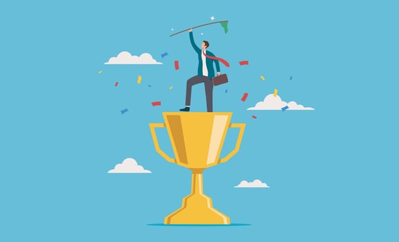 Business achievement. triumph or award winning, accomplishment for leadership success. Businessman proudly holds flag while standing on gold trophy. Suitable for showcasing success, leadership, awards vector