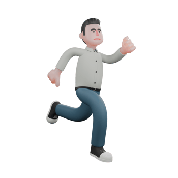 3D Writer Male in Professional Setting. A male writer runs very fast with a panicked expression. Literary png