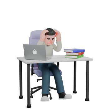 3D Male Writer Character in Action. A male writer sits on a work chair with both hands on his head. Professional png