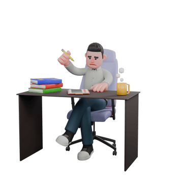 3D Male Writer in Professional Role. A male writer sits at his desk with a pencil in his right hand. Literary Cartoon png