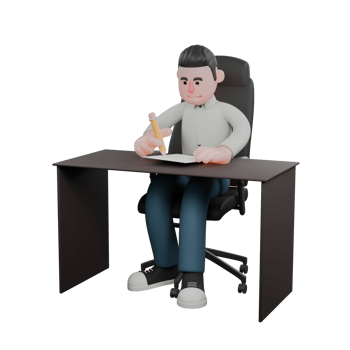 Literary Writer Professional in 3D. A male writer is sitting at his desk while writing. Male png
