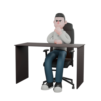 Professional Writer Character in 3D. A male writer sits on an office chair with a serious expression, hands touching his chin. Male png