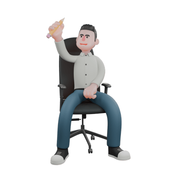 3D Male Writer in Action. A male writer is sitting while holding a pencil in his right hand. Professional Writer png