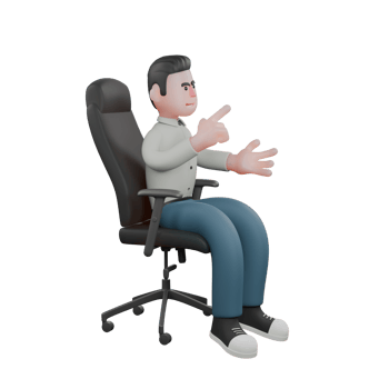 Writer in 3D. A male writer is sitting on a chair pointing and explaining. Male Professional png