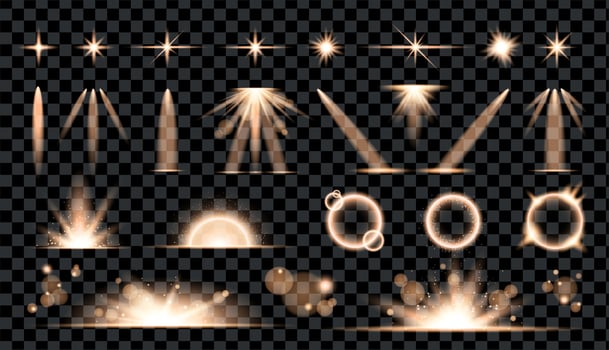 Gold light effect set. Glow isolated transparent lights, lens flare, explosion, glitter and dust, spark and stars, spotlight and frames, sunbursts. Abstract effect. vector