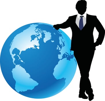 Businessman leaning on earth celebrating international business success vector