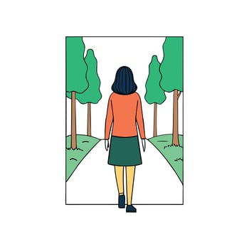 A woman walking down a path with trees in the background vector