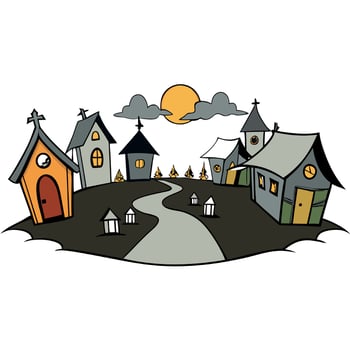 Night Autumn Misty Street with Ugly Huts in Ghost Village 3D Art Illustration. Spooky Mystical Old Small Town Halloween Fantasy Background. Mysterious Rural Witch Hovels Art Wallpaper vector