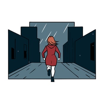 A woman walking down a dark street in the rain vector