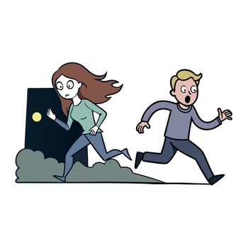 A cartoon man and woman running away from a dark hole vector
