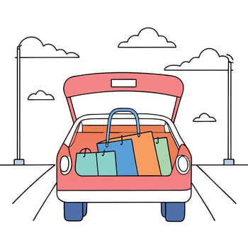 Shopping bags in car trunk at mall parking . vector