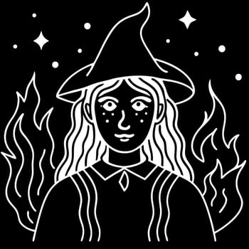 A black and white illustration of a witch with a hat and fire vector