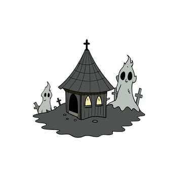 Spooky Ugly Huts at Autumn Misty Mystical Ghost Village 3D Art Illustration. Witch Street of Creepy Old Small Town Halloween Horror Background. AI Neural Network Art Wallpaper vector