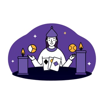 A purple illustration of a magician with a deck of cards vector