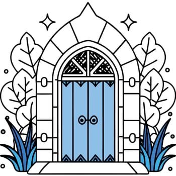 A blue door with a window and plants in front vector